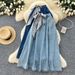 Vintage Denim A-Line Midi Skirt For Women, High Waist Flowy Boho Skirt, Retro Casual Chiffon Scarf Print Style_ecoleips.com