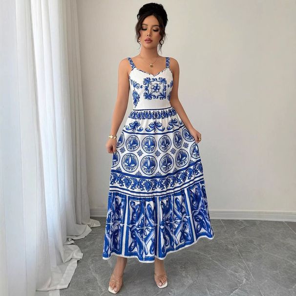 Women's Clothing Spring And Summer New High Waist Sling A Line Skirt Floral Print Sleeveless Waist Elegant Dress_ecoleips.com