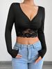 New Women's Deep V Neck Long Sleeve Lace Patchwork Ruffled Short T-Shirt Top_ecoleips.com