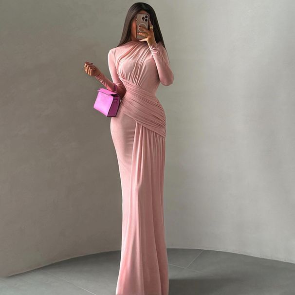 Women's Clothing Elegant Ruched Bodycon Dress – Long Sleeve, Round Neck, Fall/Winter Essential (S-L, Brown/Pink/Lavender)_ecoleips.com