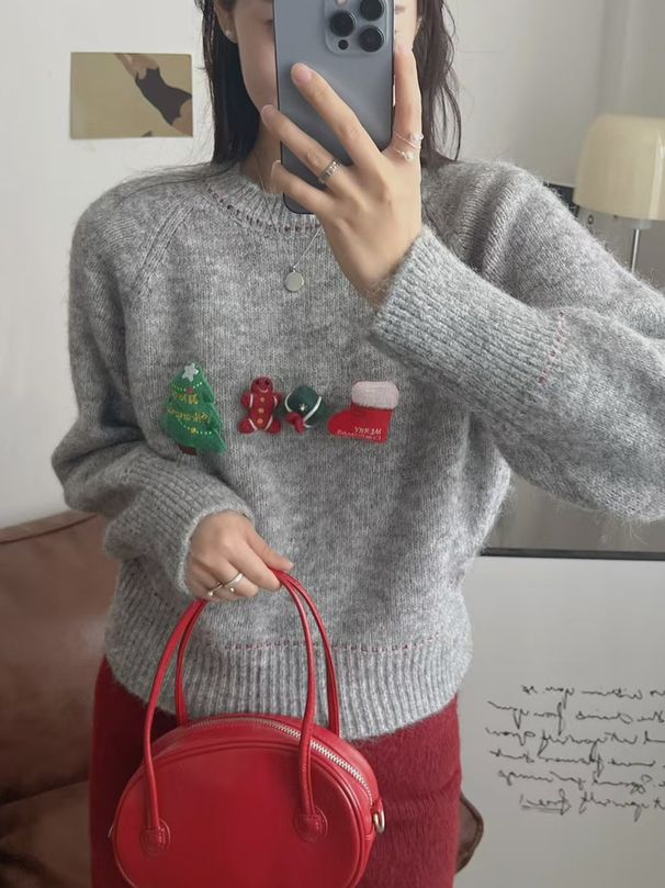girl South Korea Dongdaemun Christmas Cartoon 3D Decor Round Neck Pullover Sweater For Women Autumn Winter New Simple Knitted_ecoleips.com