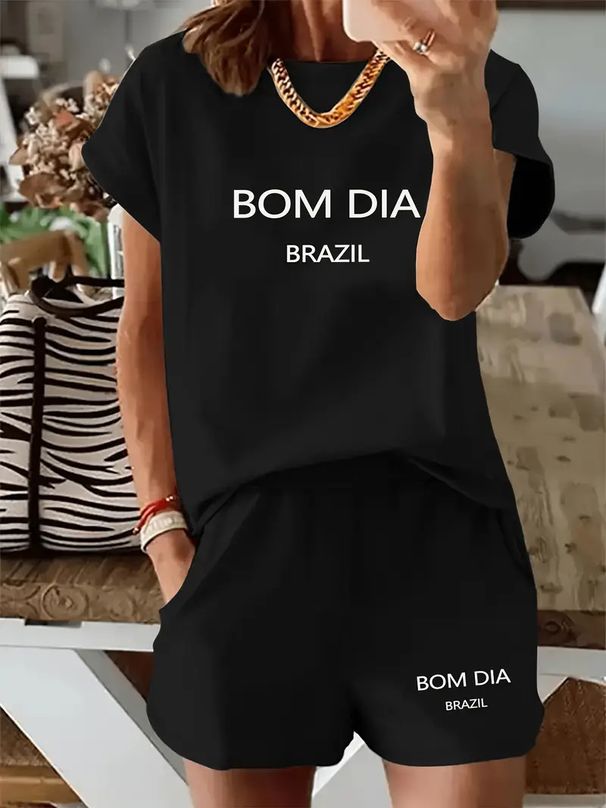 Women's Clothing Casual Letter Print Sportswear Set Short Sleeved Top & Shorts Spring/Autumn Summer Fashion_ecoleips.com