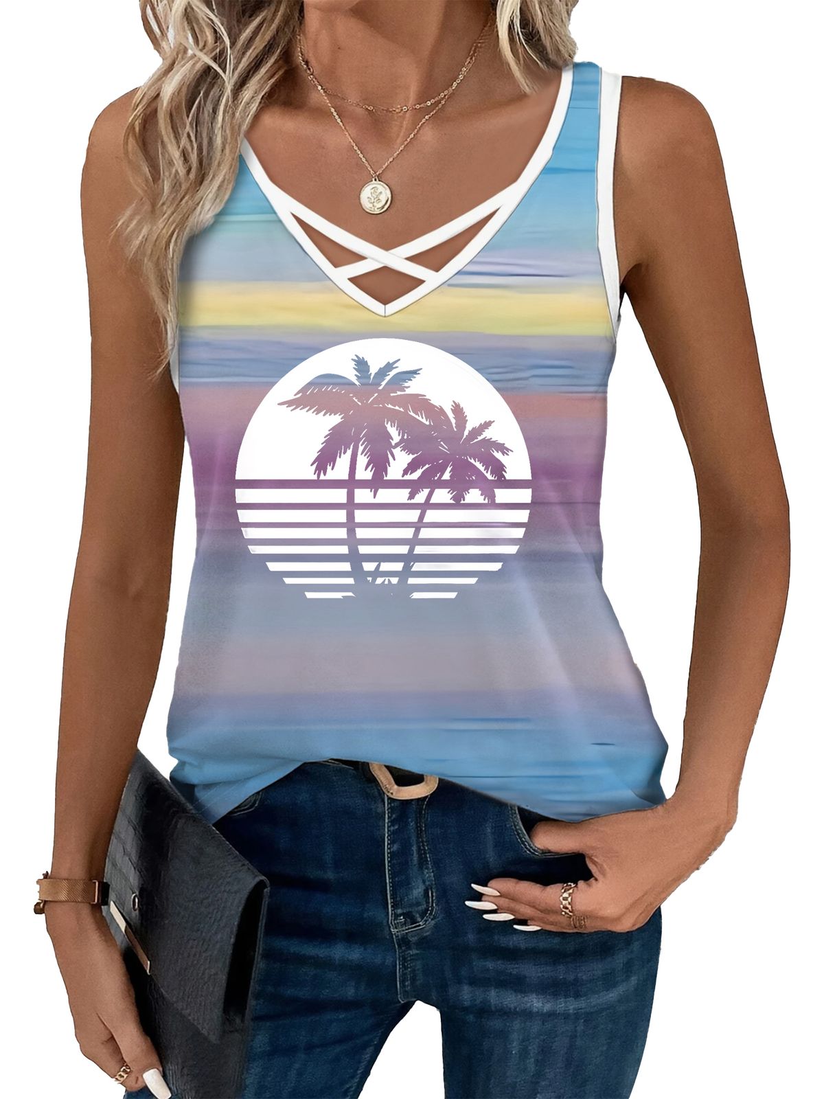 Boho Chic V-Neck Crisscross Strap Gradient Striped Beach Vest - Plus Size Women's Summer Printed Casual Top_ecoleips.com