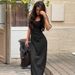 Slim-Fit Spaghetti Strap Bodycon Midi Dress, High Waist Backless Elegance For Women, Stretchy Satin-Like Fabric_ecoleips.com