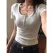American Retro Style U-neck Short-sleeve T-shirt For Women, Summer Slim-fit, Waist-cinching, Pure And Alluring, Short_ecoleips.com