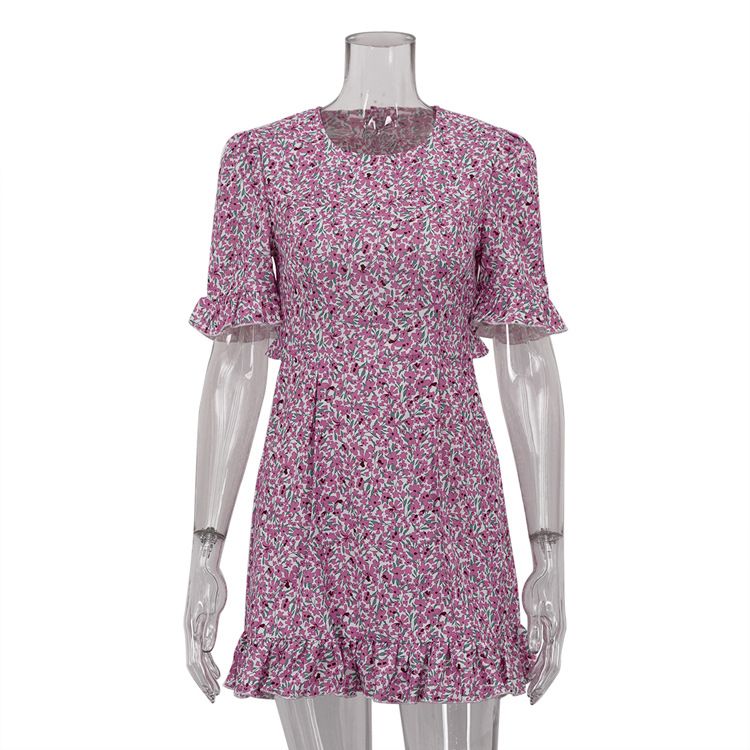 European And American Women's Clothing 2026 Summer Age-reducing Floral Short-sleeve Round-neck Sexy Backless Slimming_ecoleips.com