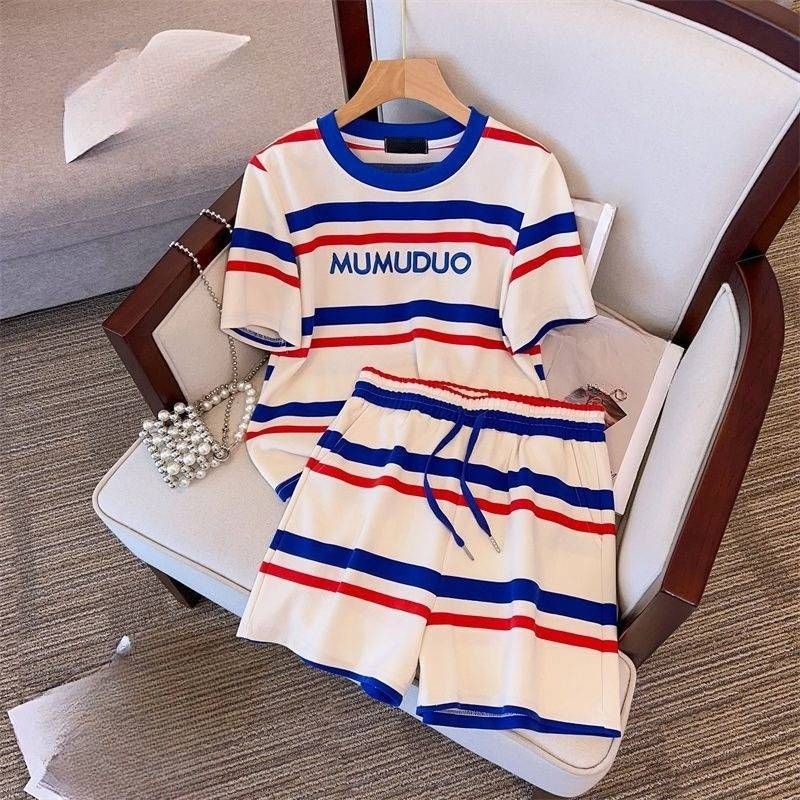 Women's Clothing Fashion Casual Sports Suit For Women Summer New Loose Striped Letter Short Sleeved T Shirt Shorts Two Piece Suit_ecoleips.com
