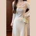 White Knit Dress – Elegant Long Sleeve Maxi Dress For Women, Lace Trim High Waist A-Line Dress, Fall Layering Staple (Beige, Sizes S-Xl)_ecoleips.com