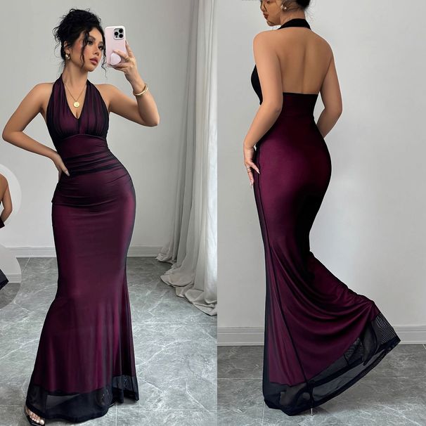 Women's Clothing Elegant Bodycon V-Neck Halter Fishtail Maxi Dress With Waist Pleats - Breathable Mesh Fabric, High Waist Design, Versatile_ecoleips.com