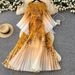 Pleated Floral Print Dress With 3D Embroidery, Bell Sleeves & Elastic Waist, Boho Chic Maxi Dress For Women, One Size Fits Most_ecoleips.com