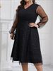 Plus Size Sparkle Mesh V-Neck Party Dress – Elegant Long Sleeve Bodycon Gown With Sheer Dot Panels – Stretchy Polyester-Spandex Blend (Sizes 1XL-5XL)_ecoleips.com