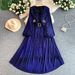 Elegant French Style Metallic V Neck Dress For Women Lantern Sleeve Summer Style Fitted Waist Full Skirt_ecoleips.com