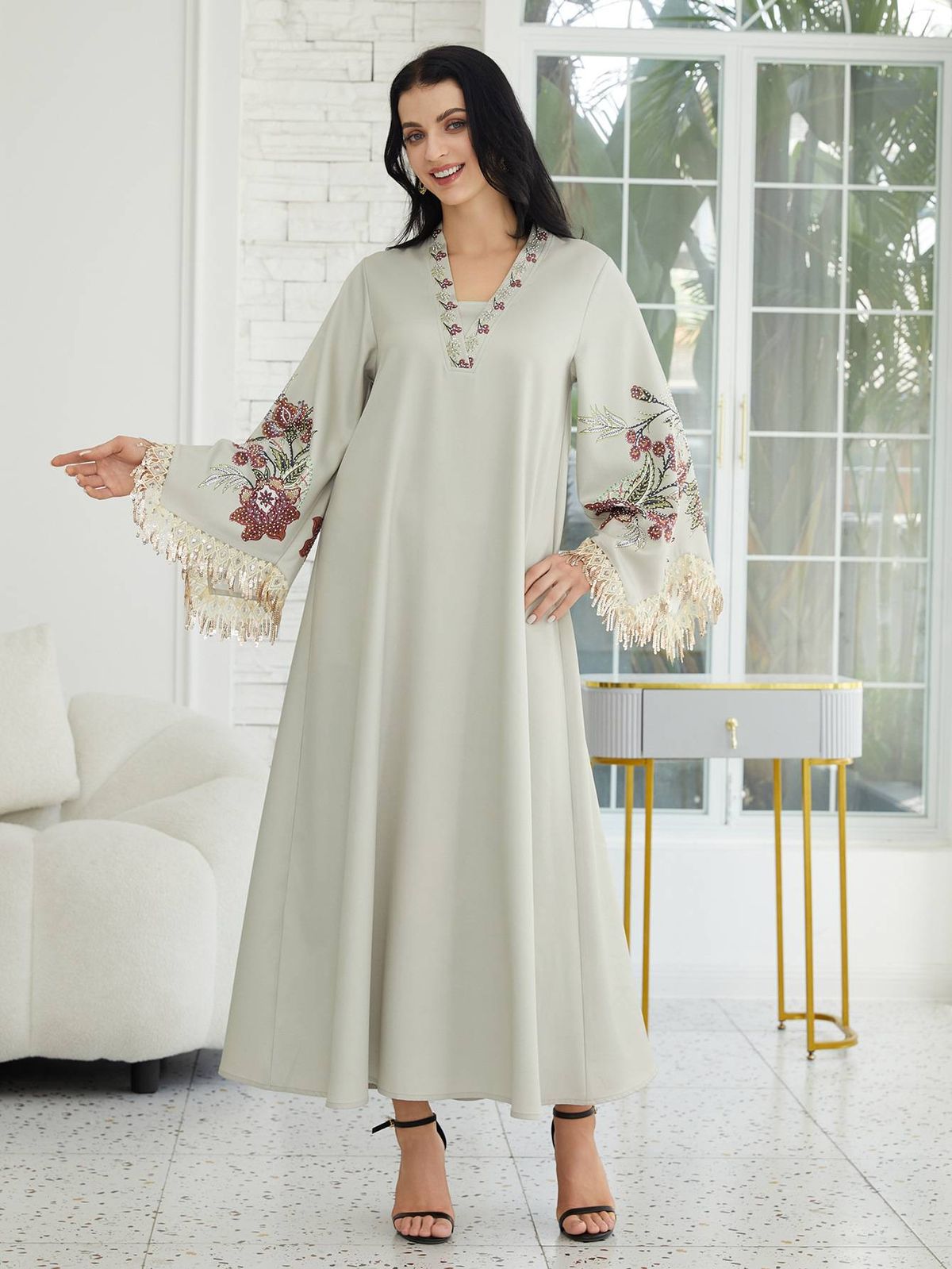Women's Long Abaya Dress V Neck Fringe Design Loose Fit Arabic Style, Elegant Plant Pattern All Seasons Fashion_ecoleips.com