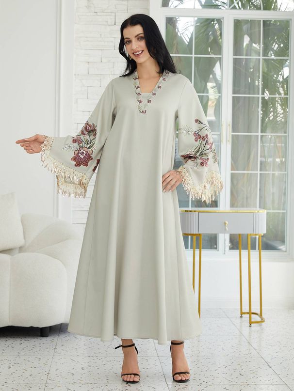 Women's Long Abaya Dress V Neck Fringe Design Loose Fit Arabic Style, Elegant Plant Pattern All Seasons Fashion_ecoleips.com