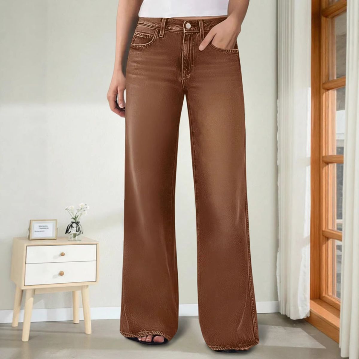 Women's Clothing Plus Size Wide Leg Denim Pants For Women Mid Waisted Stretchy Slimming Straight Leg Loose Fitting Casual Pants_ecoleips.com