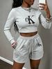 Women's Clothing In Stock Trendy Cross Border Brand Spring/summer New Arrival Letter Print Crew Neck Cropped Sweatshirt + Elastic Waist Shorts_ecoleips.com