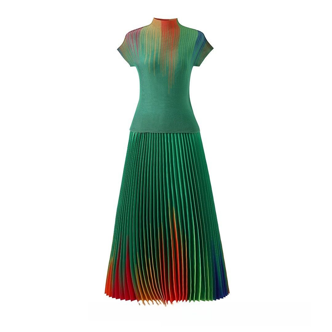 Women's Clothing rainbow print short sleeved loose skirt women's two piece suit_ecoleips.com