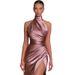 New Summer Elegant Stand Collar Long Dress, European And American Style Halter Neck Sleeveless Slit Slimming Gown Dress_ecoleips.com