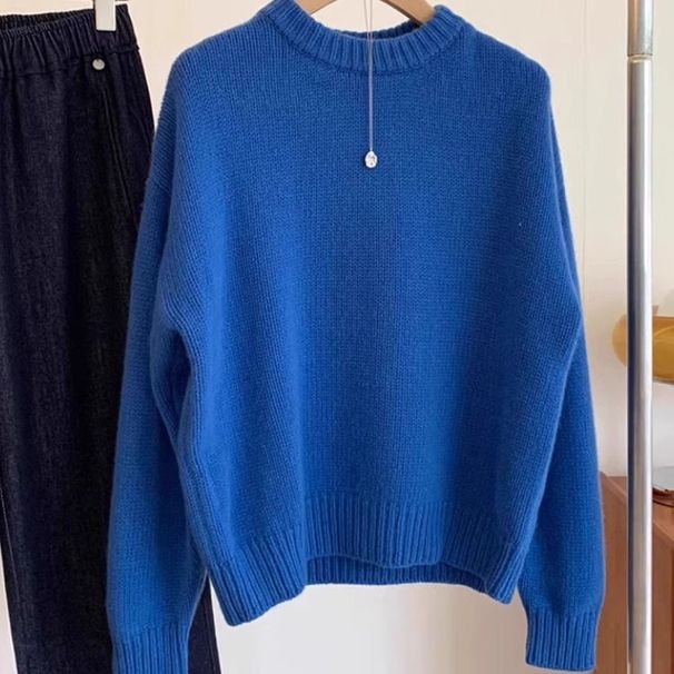 girl Lazy Style Klein Blue Sweater Women, New Soft Loose Knitted Korean Fashion Round Neck Pullover Top For Autumn And Winter_ecoleips.com