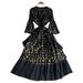 Women's Clothing Heavy Duty Gold Stamped Trumpet Sleeve Dress Bow Waist Pleated Ruffled Long Skirt_ecoleips.com