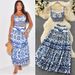 Women's Summer Blue White Porcelain Print Suit Short Tube Top Suspender Pleated Skirt 2 Piece Set with Breast Pads_ecoleips.com