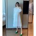 In Stock Maternity Summer Simple Elegant French V-neck Pleated Design Waist Slimming Mid-length Dress_ecoleips.com