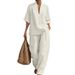 20226 Summer Fashion Casual European American Cross-Border Linen Cotton Solid Color T-Shirt And Pants Set V-Neck Pocket_ecoleips.com