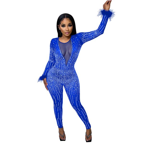Women's Clothing Mesh Mesh Hot Diamond V Neck Long Sleeved Feather Long Library Jumpsuit_ecoleips.com