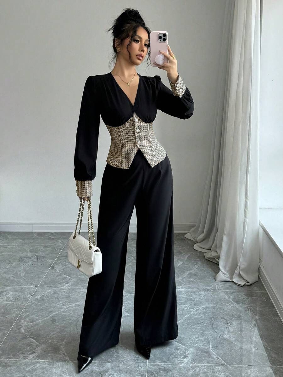 Women's V Neck Short Sleeved Top Elegant Solid Color Wide Leg Pants Two Piece Set Autumn Winter Fashion plus Size Available_ecoleips.com