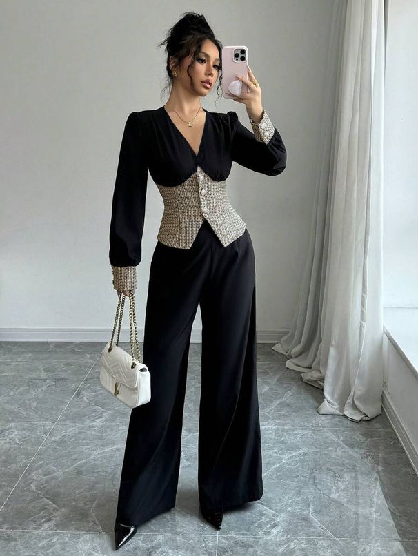 Women's V Neck Short Sleeved Top Elegant Solid Color Wide Leg Pants Two Piece Set Autumn Winter Fashion plus Size Available_ecoleips.com