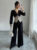 Women's V Neck Short Sleeved Top Elegant Solid Color Wide Leg Pants Two Piece Set Autumn Winter Fashion plus Size Available_ecoleips.com