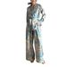 Women's Clothing Printed Long Sleeved Lace Up Shirt High Waisted Wide Leg Pants Suit_ecoleips.com
