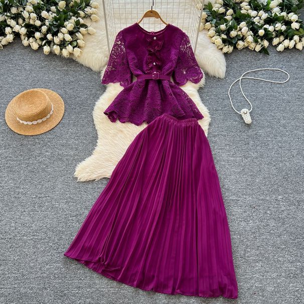 Women's Clothing Round Neck Hollow Hook Lace Top High Waist Large Swing Pleated Skirt_ecoleips.com