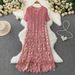 Women's Clothing High End Miyake Pleated V Neck Dress Summer With Heavy Gold Stamped Three Dimensional Flowers Long Skirt_ecoleips.com