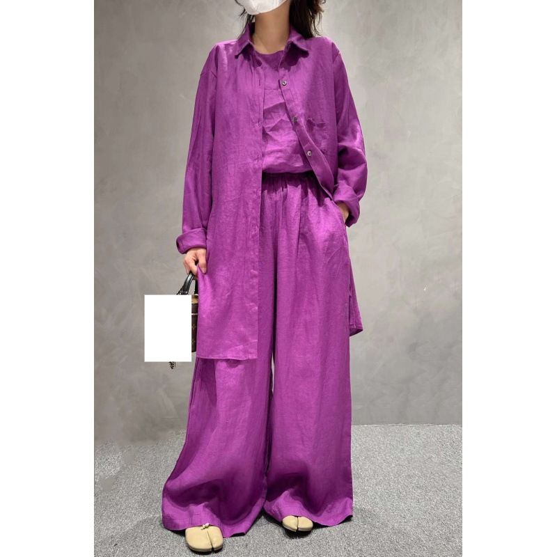 Women's Clothing Linen Solid Color Medium Length Suit Shirt + Casual Pants Casual All Match High End Shirt For Women_ecoleips.com