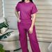 Women's Summer Casual Short Sleeve T-Shirt With Elastic Waist Multi-Pocket Cargo Pants Set, Solid Color Two-Piece Outfit_ecoleips.com