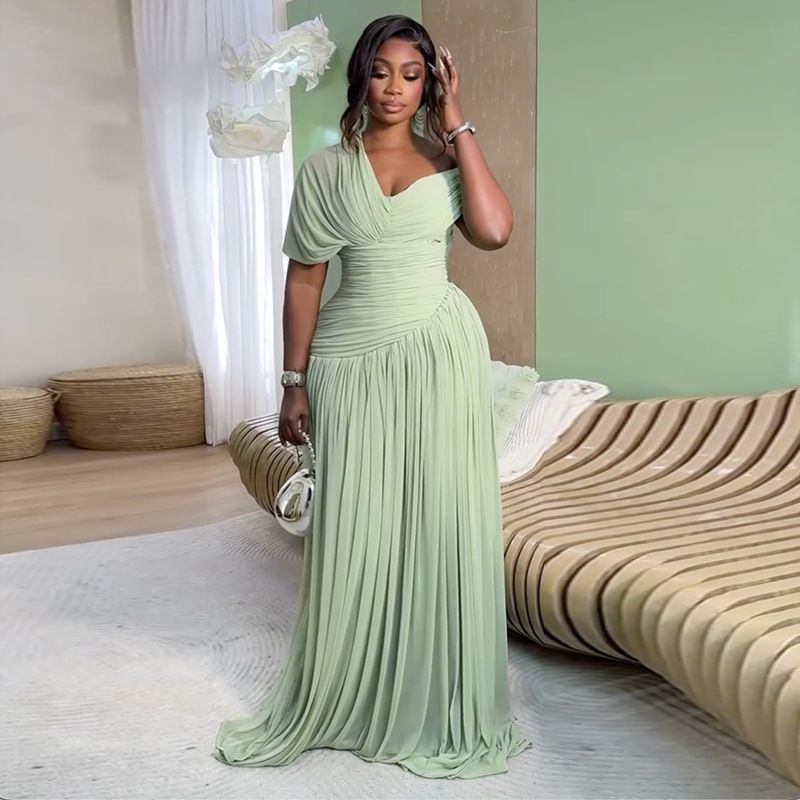 2026 Asymmetric Neck Ruffle Tie-Waist Maxi Dress - Elegant Short Sleeve Summer Gown_ecoleips.com