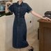 Women's Clothing High End Polo Collar Denim Dress Summer Split Belt Design Niche Temperament Long Skirt_ecoleips.com