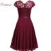 Half High Collar Short Sleeved Lace Lace Midi Skirt Chiffon Splicing Elastic Belt Dress_ecoleips.com