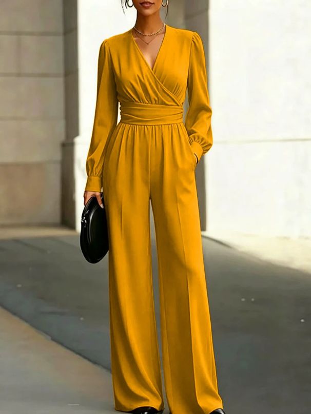 Women's Slim Fit V Neck Jumpsuit Solid Color Wide Leg Fall Winter Irregular Waist Jumpsuits And Rompers_ecoleips.com