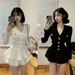 V-Neck Knit Set – Slim Fit Long Sleeve Top & Tiered Ruffle Skirt (White/Black) – Balletcore Outfit S To Xl_ecoleips.com