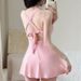 Sweet Pink Wide Strap One Piece Swimsuit Dress With Ruched Bodice Flared Skirt Modest Swimwear For Beach Pool Vacation_ecoleips.com