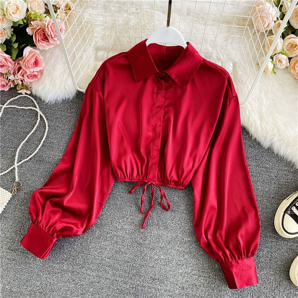 Women's Satin Shirt Unique Design Drawstring Pleated Long Sleeve Slim Fit Short Style Solid Color_ecoleips.com