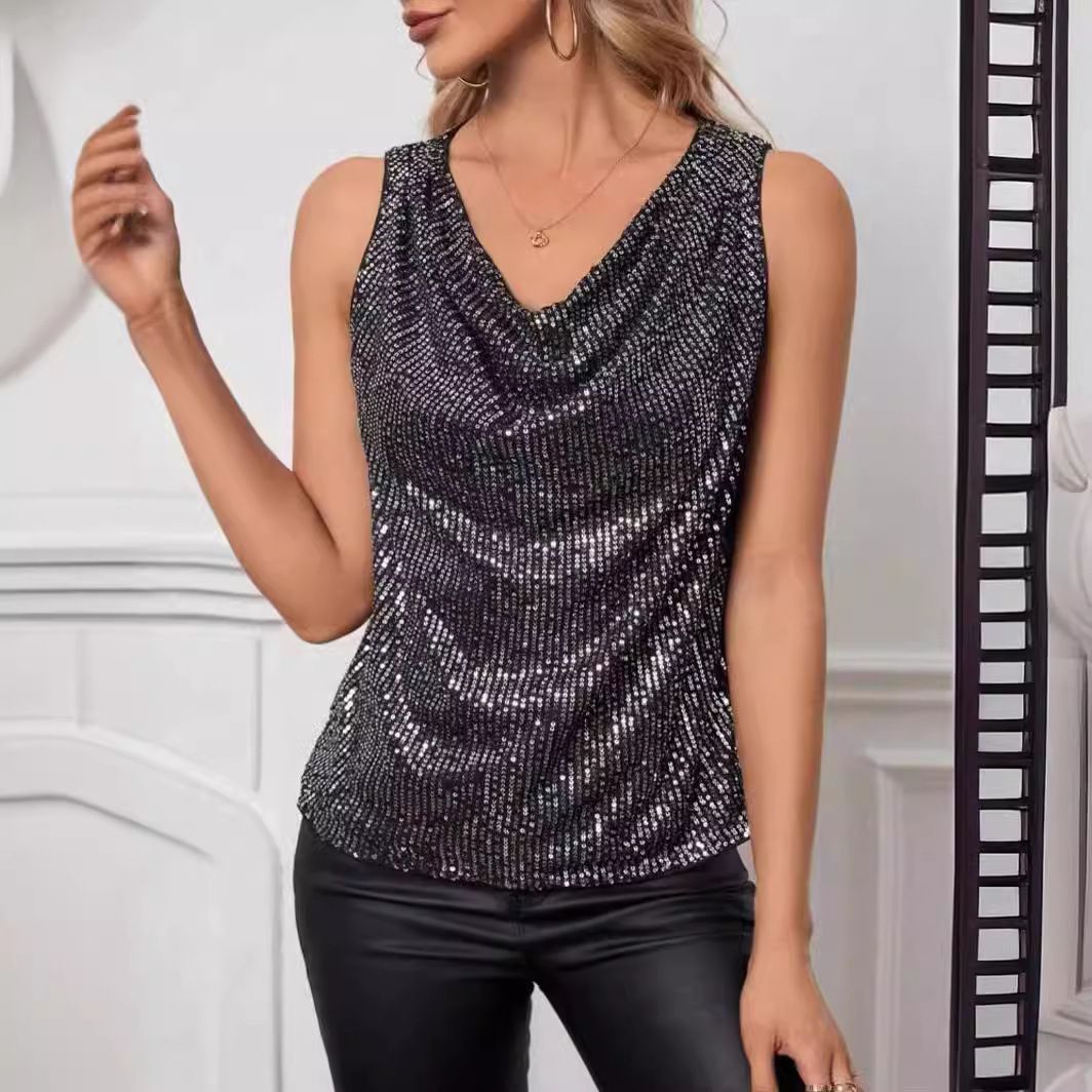Sexy V Neck Tube Top For Women Fashion Sequin Loose Short Pullover Vest American Style Hot New_ecoleips.com