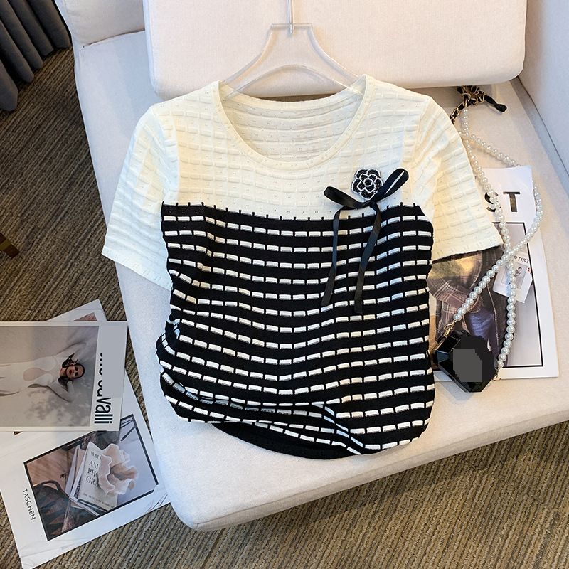 Women's Clothing Summer And Autumn Design Temperament Niche Short Sleeved T Shirt Contrast Color Ice Silk Knitted Women_ecoleips.com
