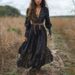 Retro V Neck Long Sleeved Dress For Women Pastoral Style Casual Long Dress_ecoleips.com