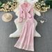 Women's Elegant Crochet Lace Two Piece Set Pearl Button Blouse High-Waisted Slimming Skirt Sophisticated Round Neck Design_ecoleips.com