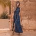 Blue Sleeveless Long Dress For Women Waist Tie Design Faux Denim Single Breasted Multi Button_ecoleips.com