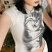 European American Harajuku Cat Print Slim Top Women's round Neck Short Sleeve T-Shirt Y2K Retro Style Versatile Basic New Cross Border_ecoleips.com