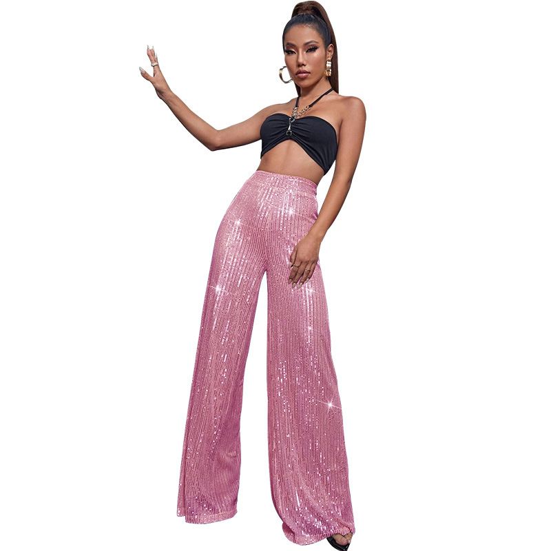 Women's High Waist Wide Leg Pants With Glitter - Casual Loose Fit Palazzo Pants For Summer_ecoleips.com